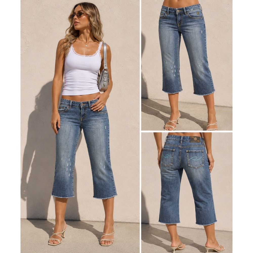 Bebina Jeans Womens 11 Blue Cropped Capri Jeans‎ Distressed Rhinestone Y2K Flare